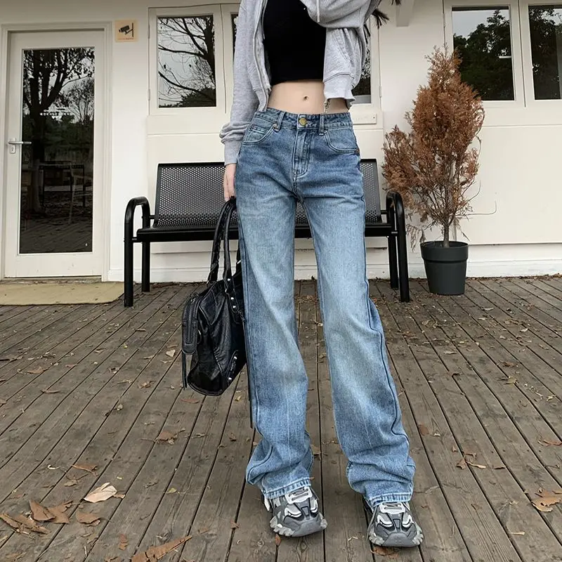 

H.sa Mid Waist Jeans Women Baggy Jeans 2023 Fashion Straight Leg Pants Y2k Denim Trousers Vintage Loose Blue Washed Jeans