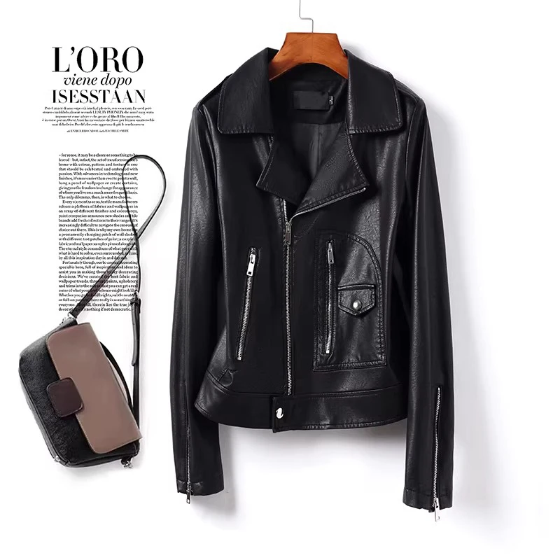 New Women Moto Biker Jacket Split Leather Spring Autumn Fashion Suit Collar Long Sleeve Slim Leather Coat Casual Short Coat view 5