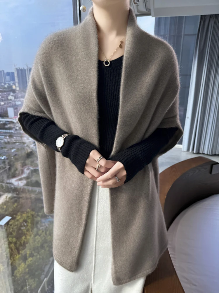 100% Merino Wool Shawl Women's Knitted Sleeveless Cardigan Autumn Winter Thick Warm Solid Color Cape Fashion Korean Loose Jacket