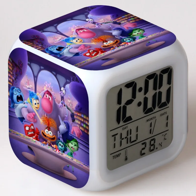 Disney Inside Out 2 Cartoon Alarm Clock PVC Anime Figures Joy Anger Anxiety 7 Variable Light Colors for Kids Birthday Gifts