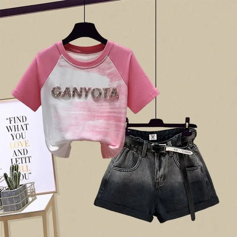 

Girls' Summer Set 2024 New Little Girl Summer Short sleeved T-shirt and shorts in a trendy two-piece set for big kids