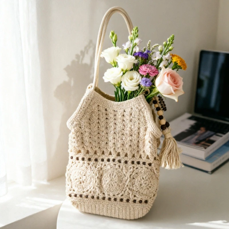 

Boho Straw Tote Bag for Women Handmade Woven Beach Bag Large Capacity Summer Vacation Shoulder Handbag