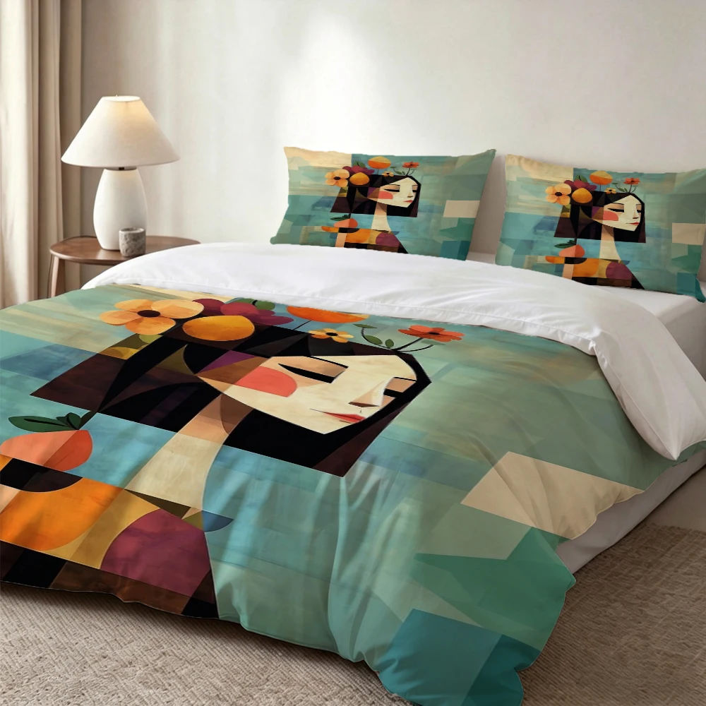 

High-Definition Digital Printed Bedding Set, Geometric Color-Blocking Art Floral and Fruit Pattern Duvet Cover Set, Large Floral Print Duvet Cover Set, Includes 1 Duvet Cover + 2 Pillowcases, Suitable for Bedroom, Guest Room, Home Decoration, Polyester Fi