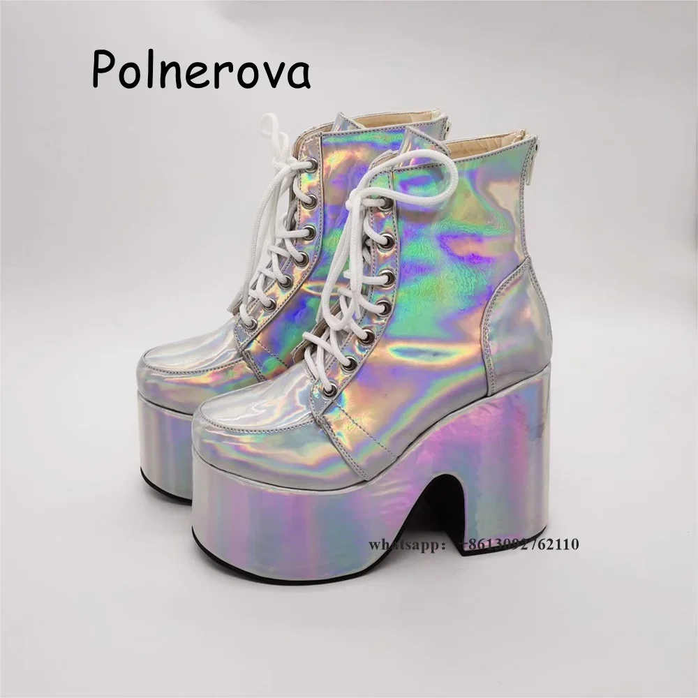 Лазерные ботинки на толстой подошве, женские ботинки на танкетке с квадратным носком, на шнуровке, на заказ, для подиума, увеличивающие рост, весенние вечерние блестящие туфли больших размеров