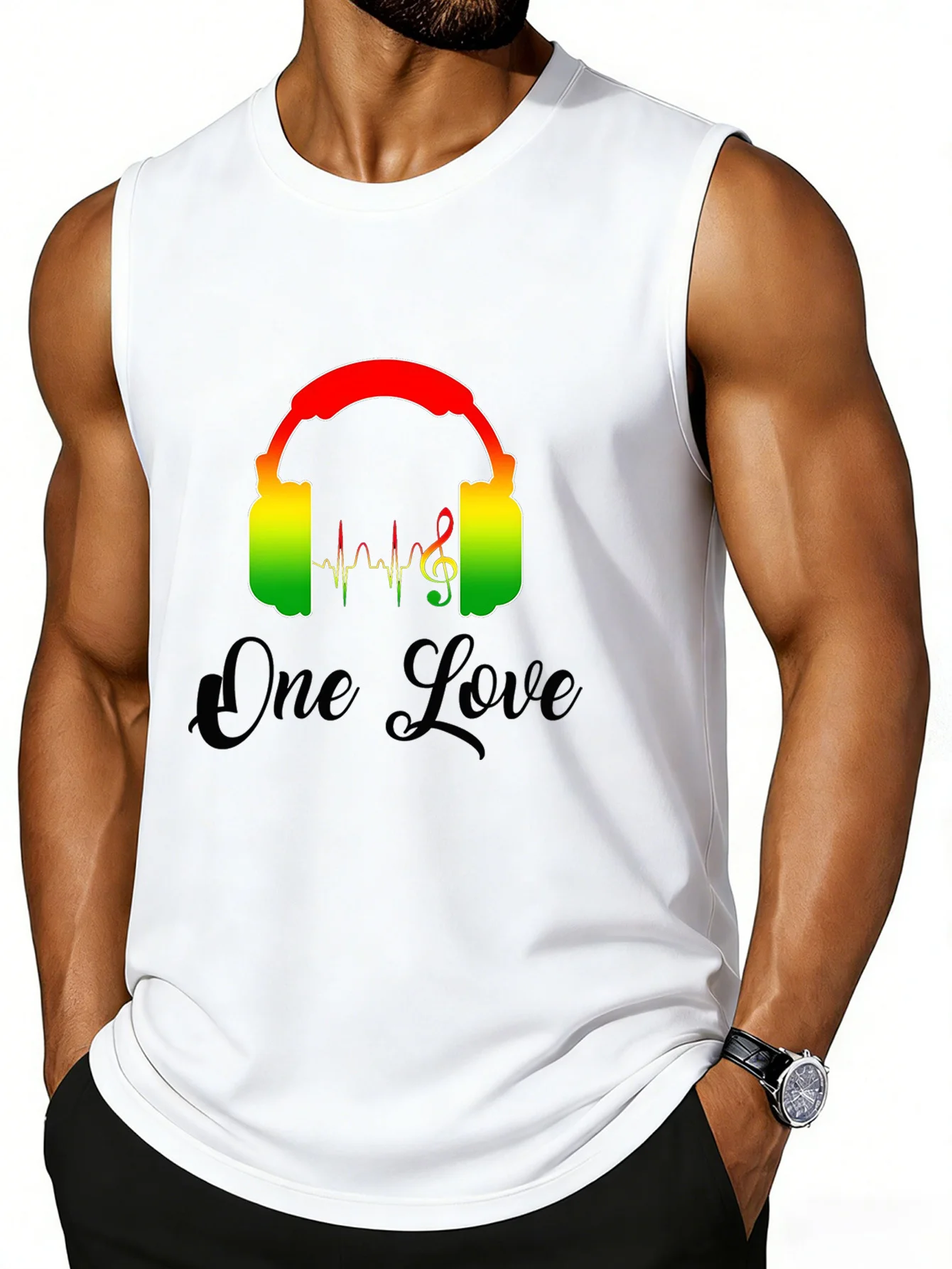 CLOOCL Rasta Tones Headphone Notes Printed Vest Fashion Sports Vests Summer Men's Sleeveless T-Shirt Casual Top