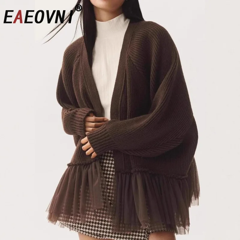 

EAEOVNI сетчатый вязаный кардиган с оборками, свитер, пальто, женская мода, свободные топы с v-образным вырезом и длинными рукавами, повседневные осенне-зимние новые