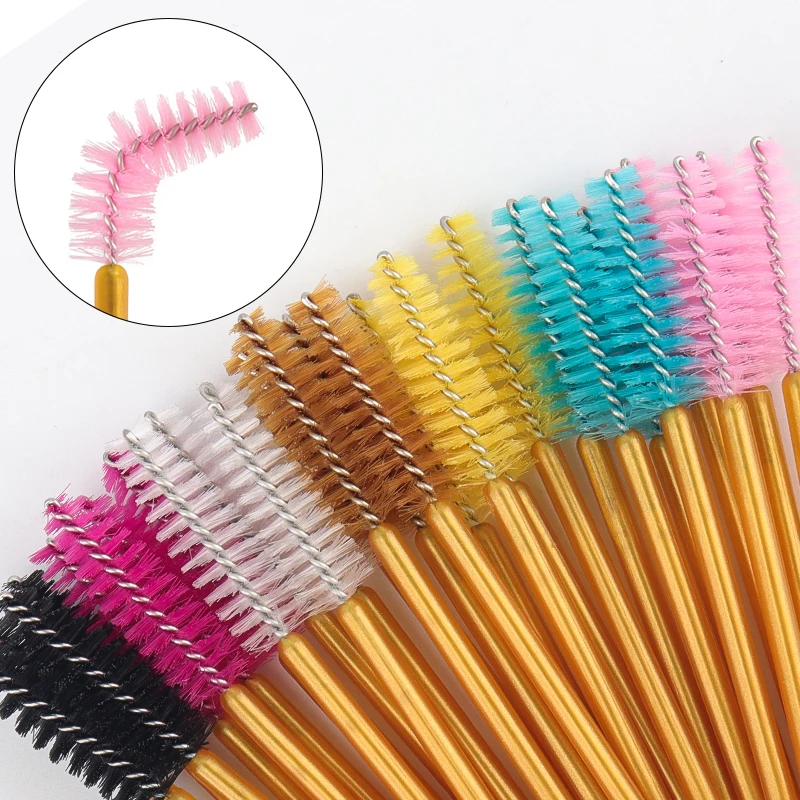 50 pçs descartável escova de maquiagem de cílios rímel varinhas ouro mini cílios escovas curto sobrancelha pente cílios extensão ferramenta