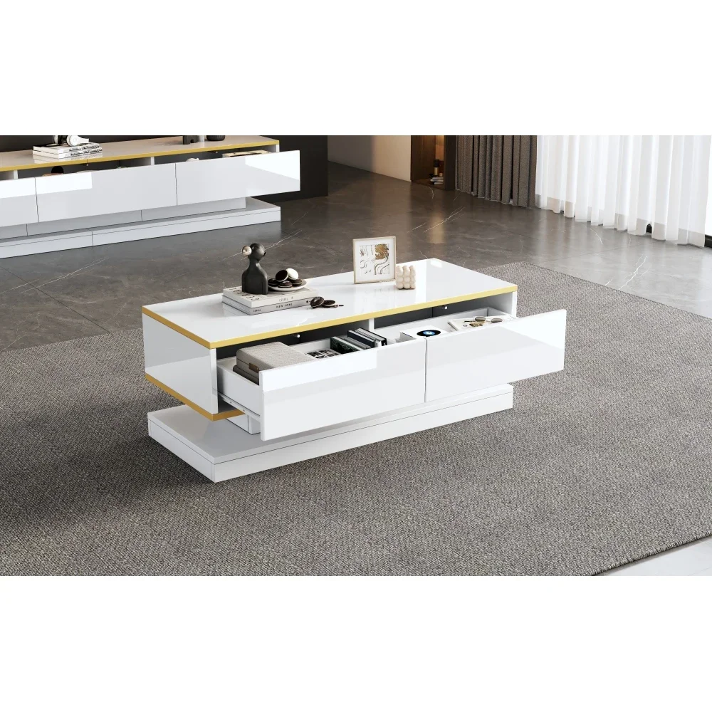 Moderner TV-Ständer mit 3 Schubladen, warmweißes Lowboard, goldener Rand, Wohnzimmer-Aufbewahrungsschrank – Detail 33