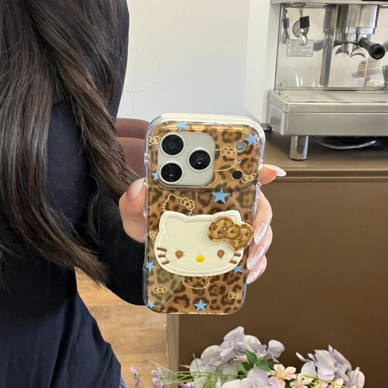 

Luxury Cute Blue Star Bow Hello Kitty leopard print KT Phone Case For iPhone 17 14 15 13 16Pro Max cartoon KT shockproof Cover﻿﻿