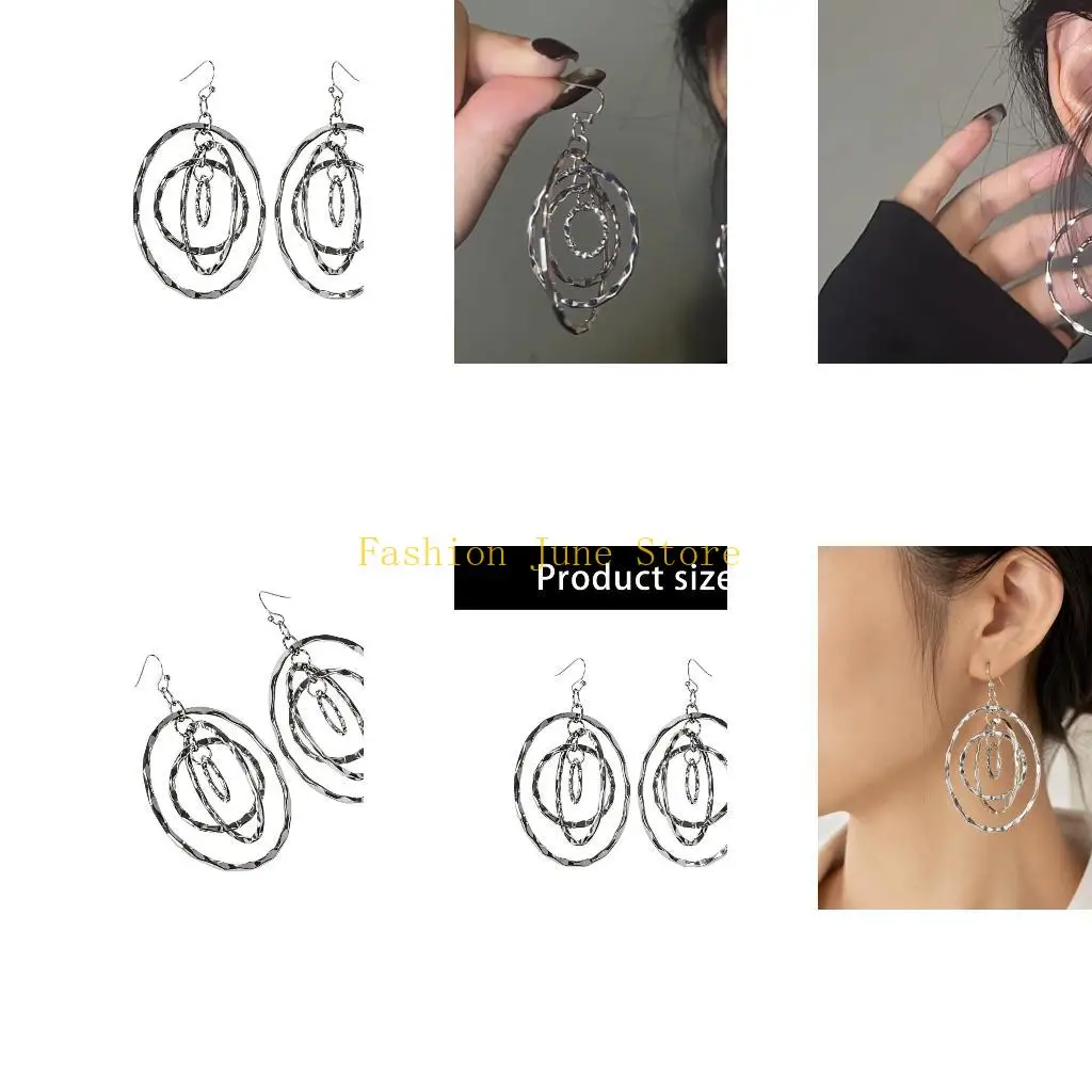 N5KA Hammered Silver Tone Dangle Earrings with Stacked Ring Design, Statement Alloy Pair for Daily Wear, Dress-Up Styling and