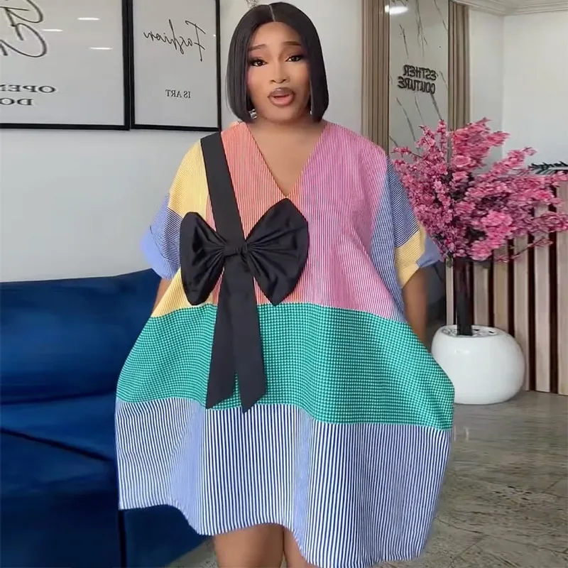 Women's 2026 Autumn. New Fashion V-neck Strip Patchwork Bow Loose Clothes Summer Dresses 2026 Robe Clothes Maxi