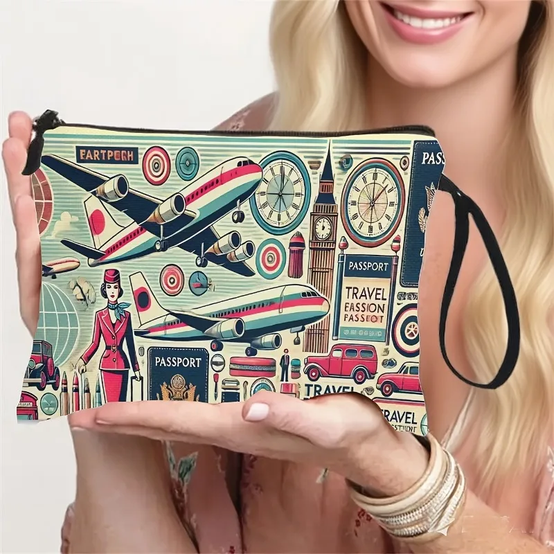 Vintage Style Passport And Airplane Pattern Double-Sided Print Toiletry Bag And Makeup Pouch, a Travel Essential Wrist Strap Sto