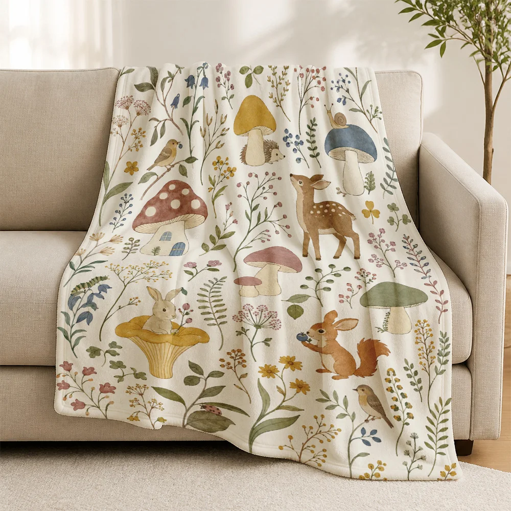 Cottagecore Mushroom Woodland Animal Print Throw Blanket Sofa Decor Cozy Chunky Knit for Living Room