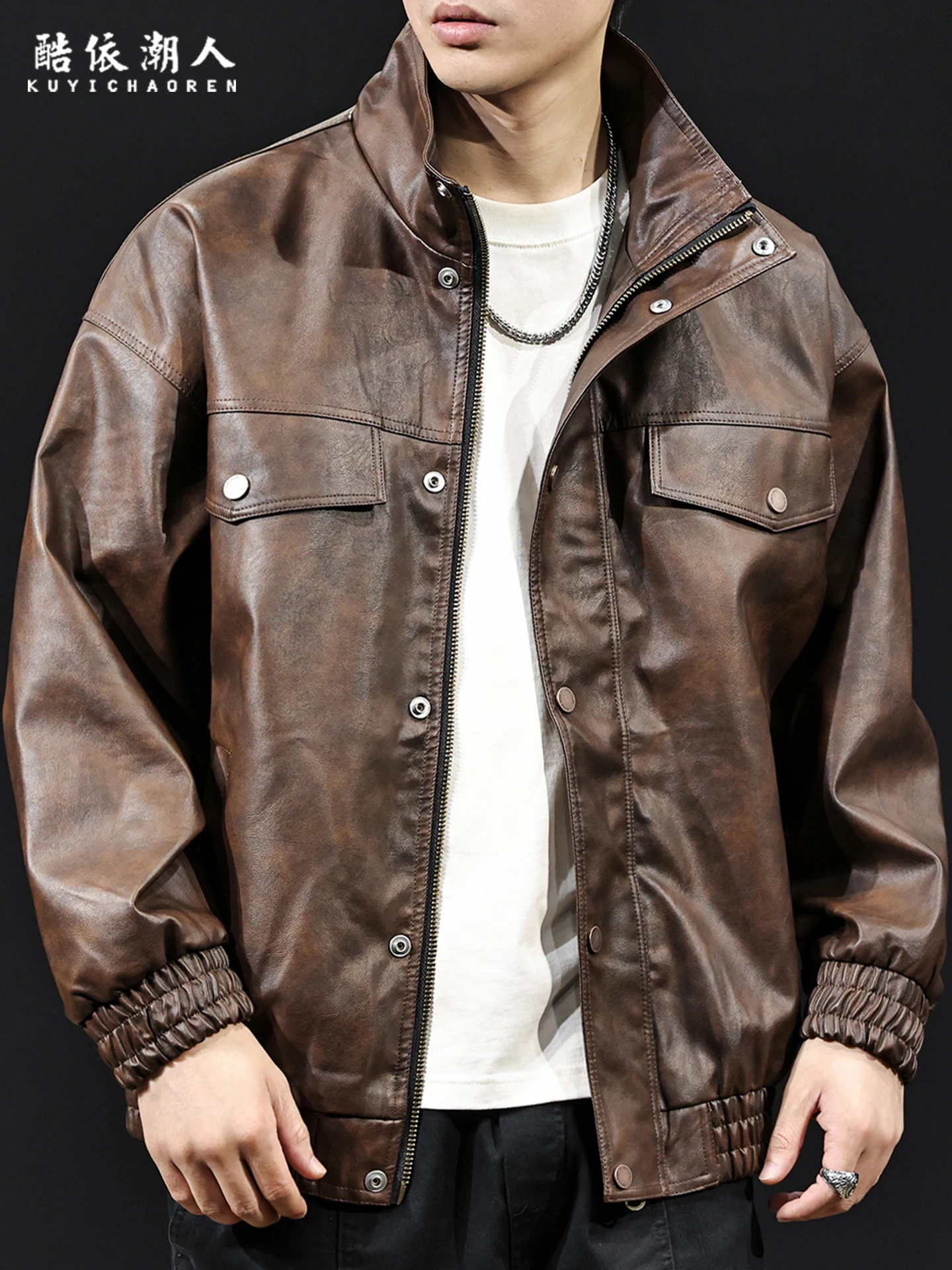 

American Retro Texture Soft Leather Jaet Men's Autumn Trendy Large Size Motorcycle Ame a Hard Man Jaet Loose Fit Sle