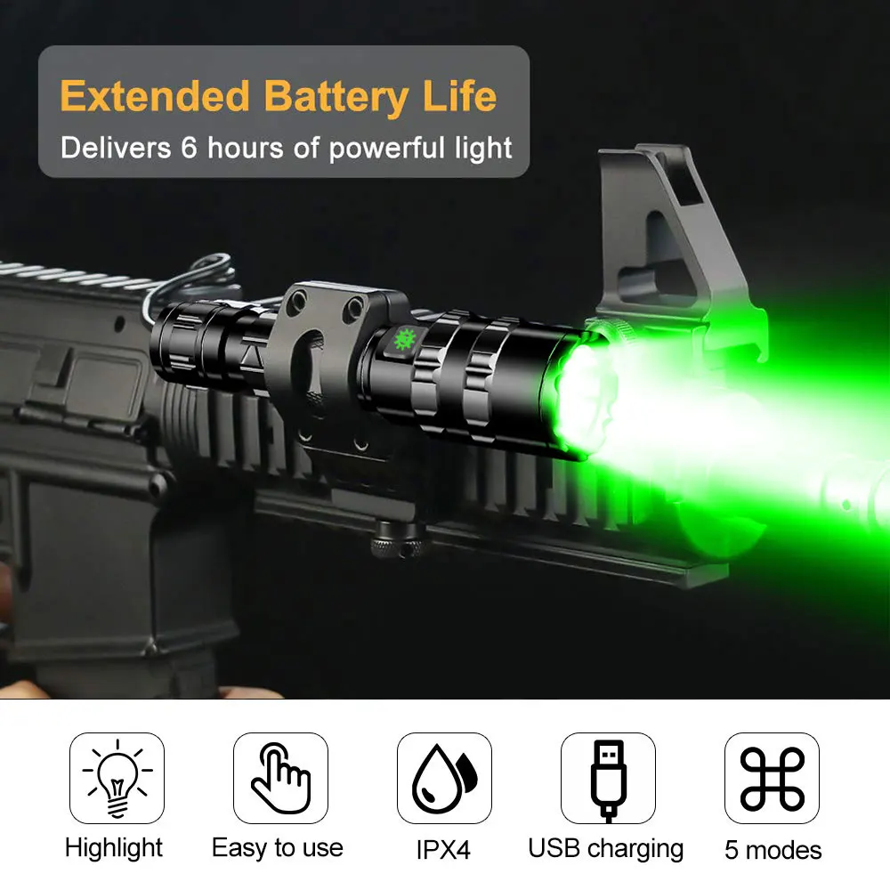 Professional Tactical Green/Red L2 LED Flashlight 5 Modes Hunting Torch USB Rechargeable Torch Power by 18650 Battery