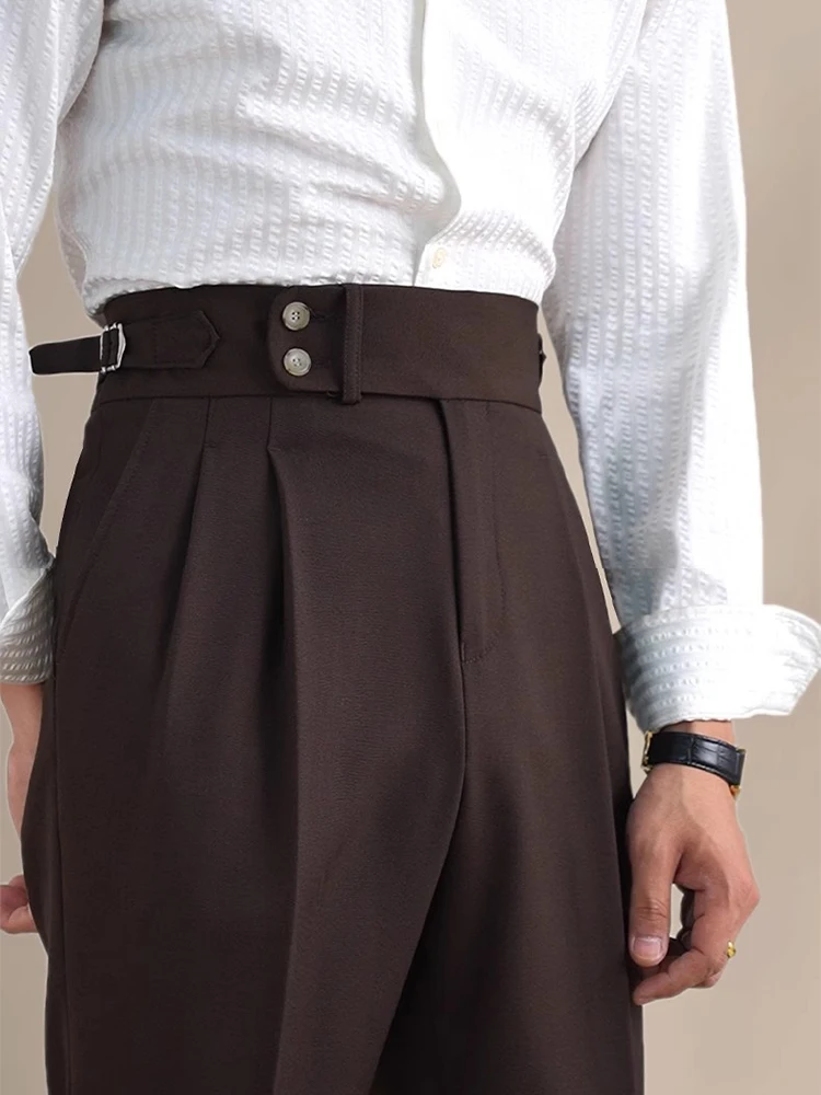 Naples Double Fold High Waist Linen Suit Pants For Men Summer Breathable Straight Leg Office Trousers Men Pantalon Costume Homme