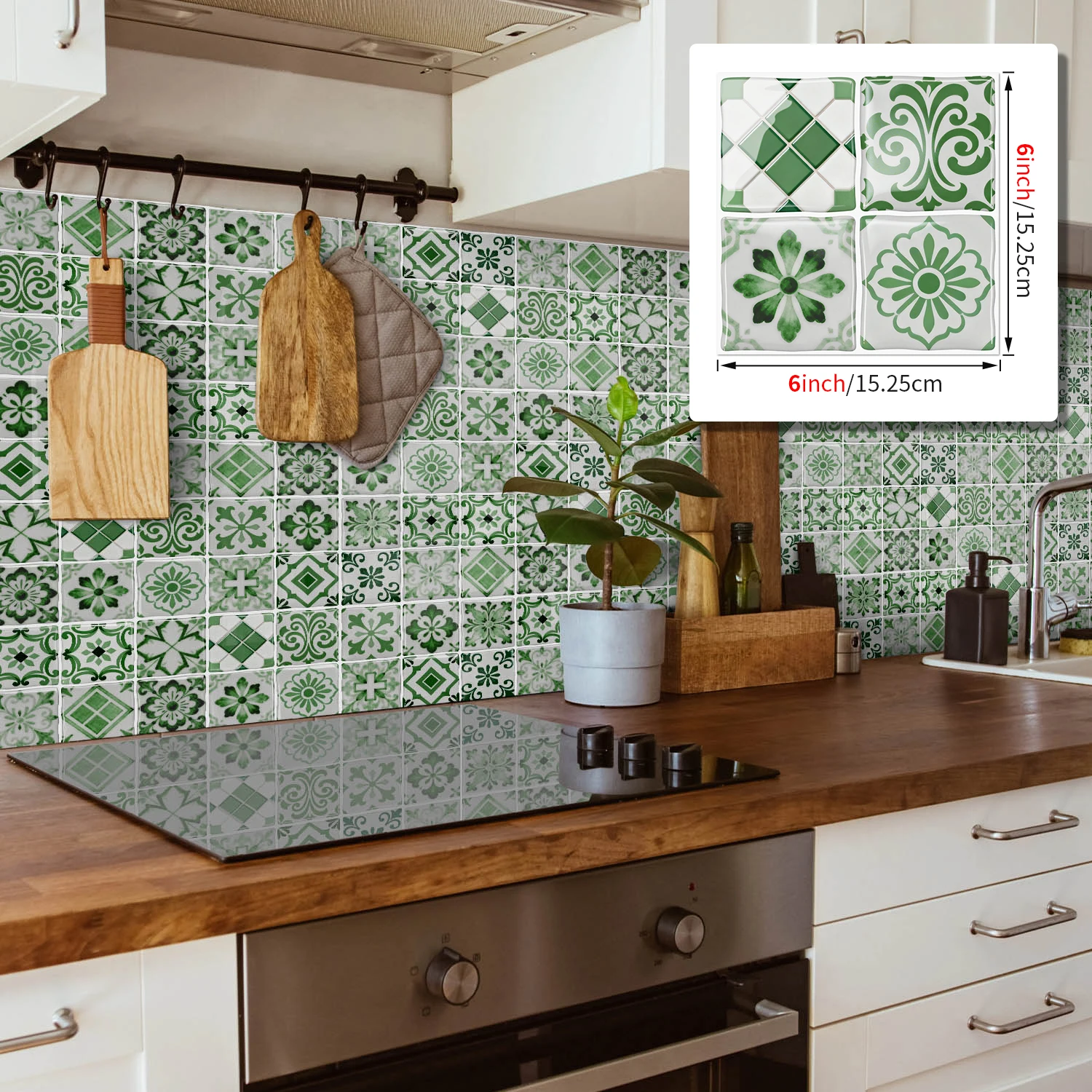 20pcs 3D PVC geometric glossy square wall stickers in various retro green plant tones, 15.25*15.25cm