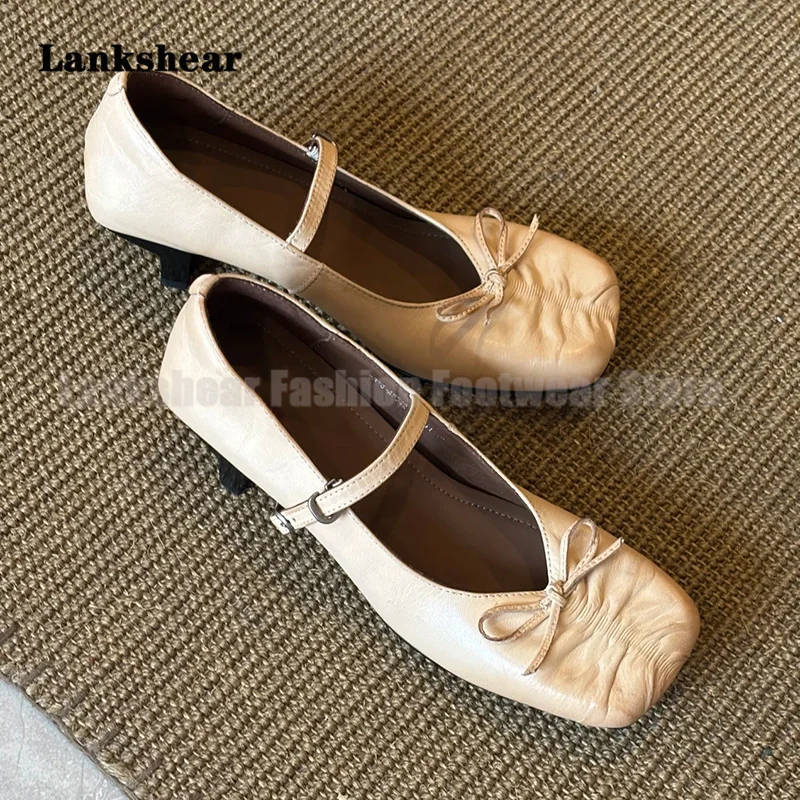 

Wrinkled Shallow Bow High Heels Mary Jane Leather Shoes Thick Heels Buckle Strap Formal Party Shoes Sandalias De Mujer Verano