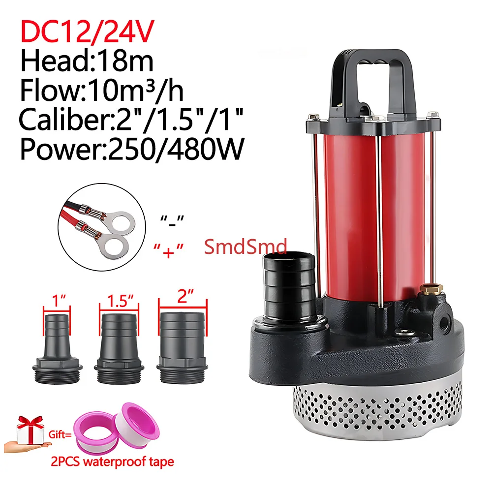 DC12/24V 250/480W Flow:10m³/h Head:18m Battery-powered Solar Submersible Pump Diameter: 1/1.5/2 Inches Irrigation/Ecology/Garden