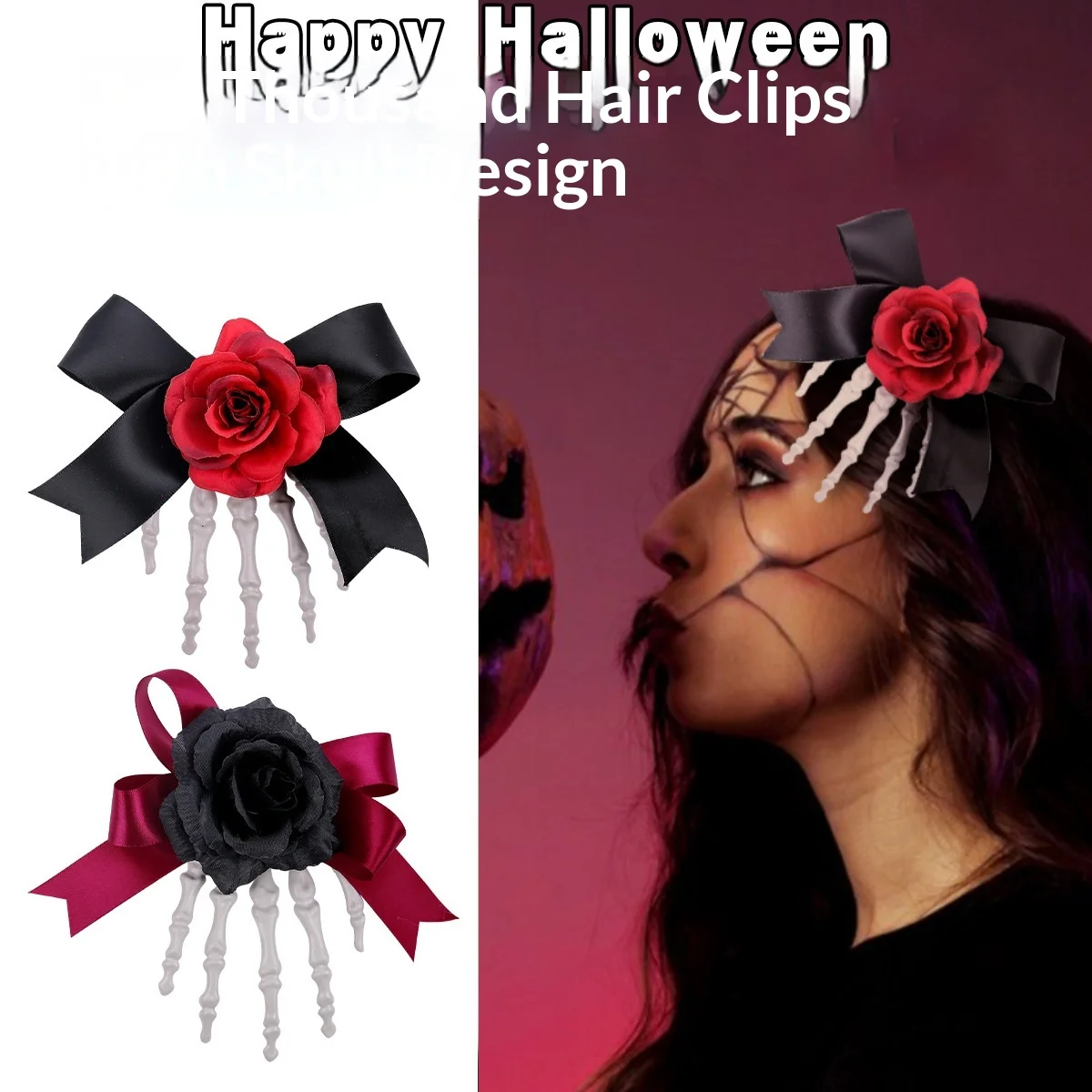 Halloween Skeleton Hand Hair Clip Skull Ghost Hand Rose Bow Side Hairpin Spooky Festival Party Cosplay Hair Accessory