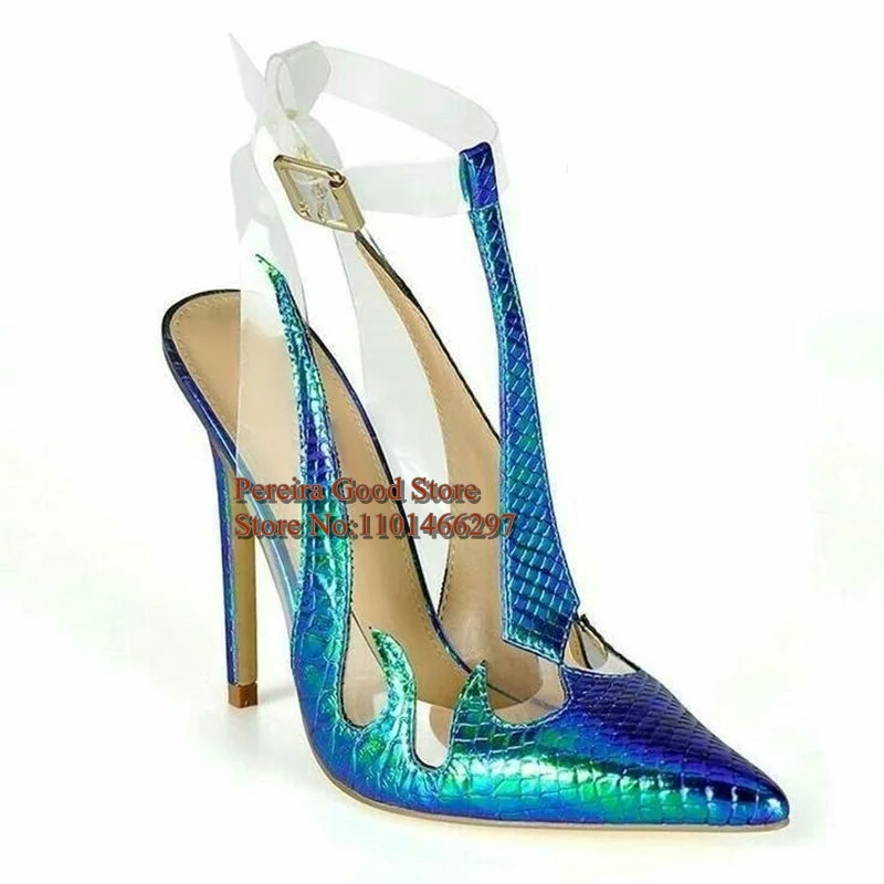 Flame Design T Strap Women High Heel Pumps Snakeksin Printed Leather Pointed Toe Clear PVC Buckle Strap Hollow Dress Shoes