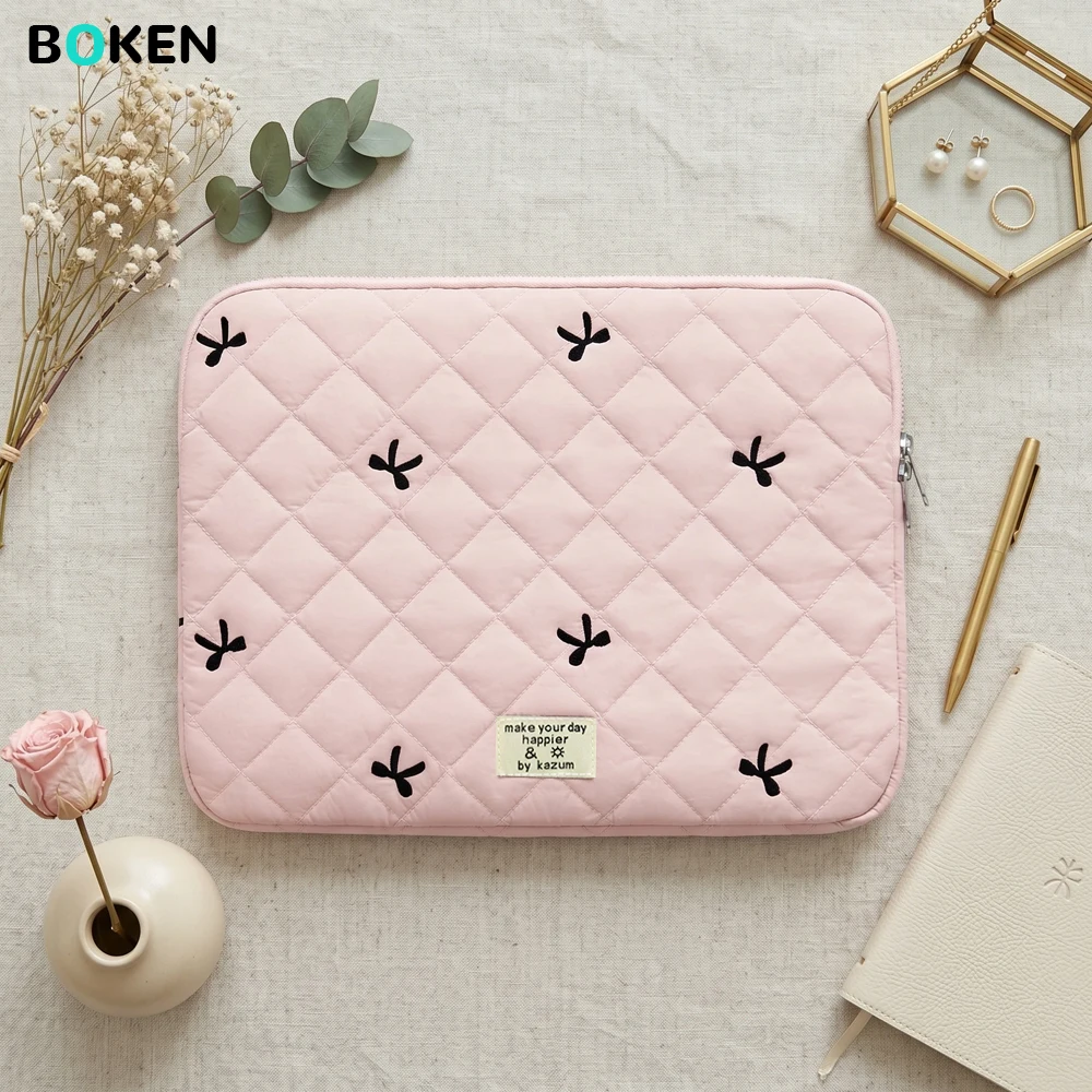 Pink Bow Quilted Laptop Sleeve Fashion Protective Cover for 13-15.6 Inch MacBook Pro/Air HP Dell  Lenovo Women's Notebook Bag — MAC