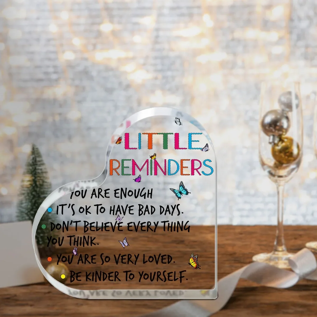 Colorful Butterfly Self Love Quote Acrylic Heart Table Sign Decor,Little Reminders Positive Affirmation Heart Shaped Acrylic Desk Plaque