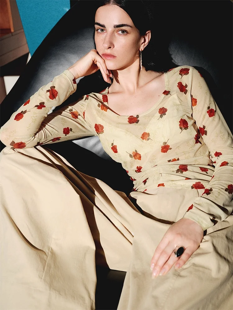 

Ele Rose Print Long Sve Top RoseLingLing Original Design Polyester Blend Breathable Netting Waist-Cinching Summer to A...