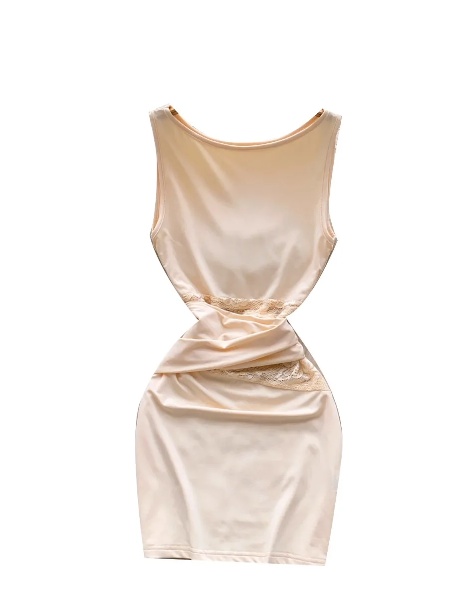 Foamlina รอบคอ SLIM FIT Bodycon มินิเดรสยุโรปสาวร้อนเอวลูกไม้ Patchwork Cinched เอวชุดสั้น