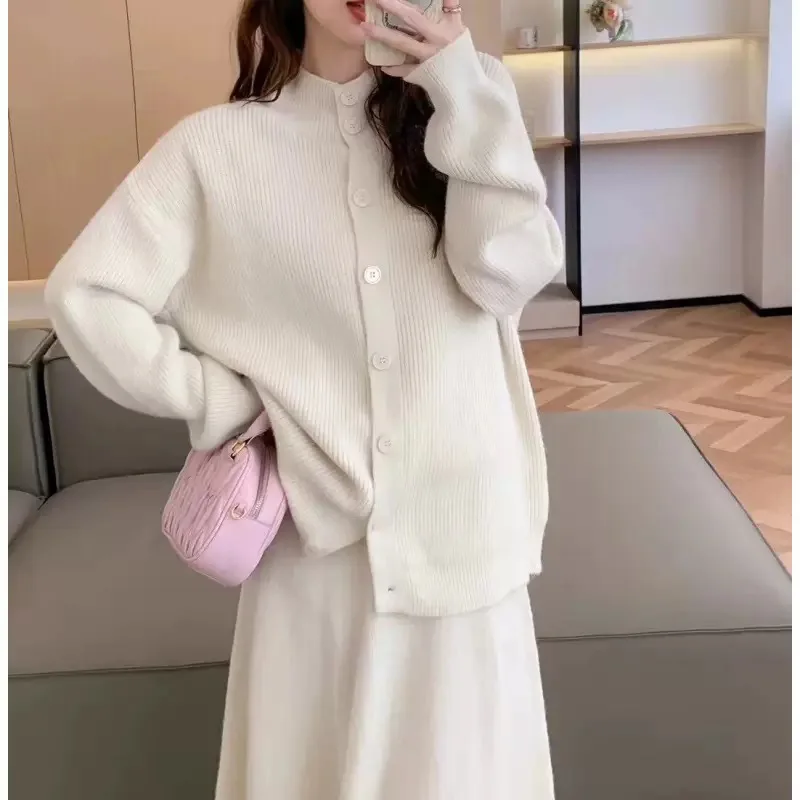 Women Skirt Sets Two Piece Set Knit Cardigan Sweaters Button Stand Collar Thick Slim Fit Long Skirts Elegant Lady Winter