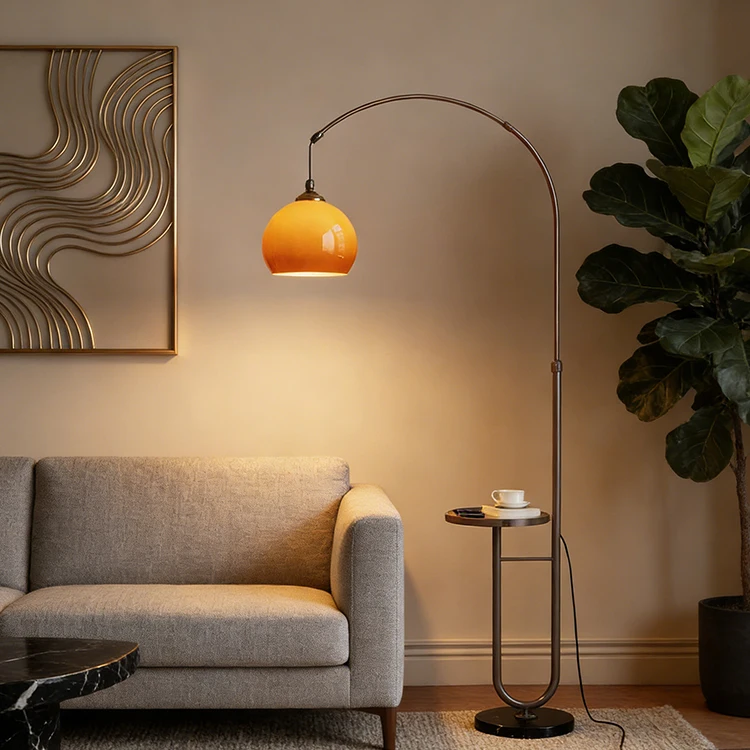 Multifunctional Arc Floor Lamp with USB Charging & Side Table Walnut LED Standing Lamp for Living Room Bedroom Home Decor
