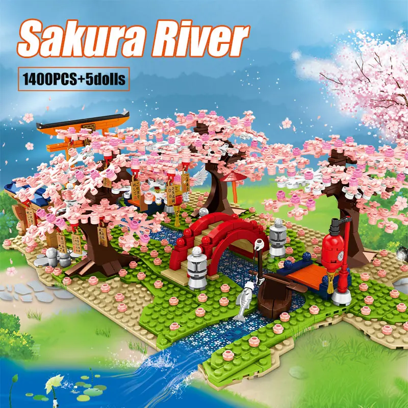 City Street View Sakura Inari hrine Building Blocks Friends Cherry bloom House Tree Construct Brick Toys for Children