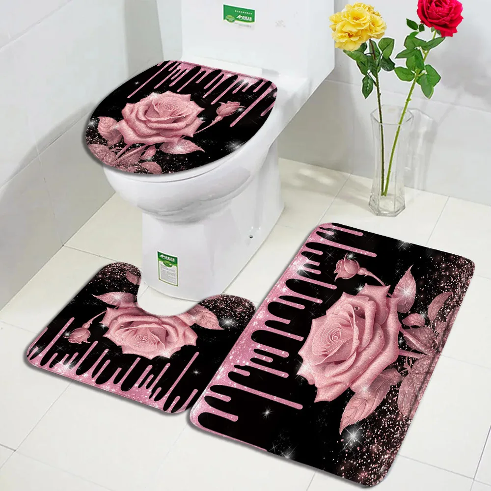 Red Rose Flowers Bath Mat Set Heart Shaped Floral Valentine\'s Day Woman Girl Home Carpet Bathroom Decor Floor Rugs Toilet Cover