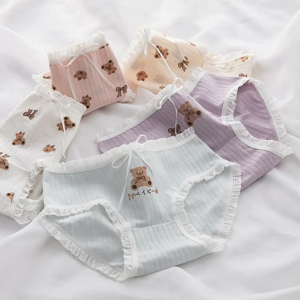 Soft Cotton Panties Mid-waist Women's Cartoon Cute Bear Underwear Lace Bow Girl Briefs Female Underpants Ladies Lingerie