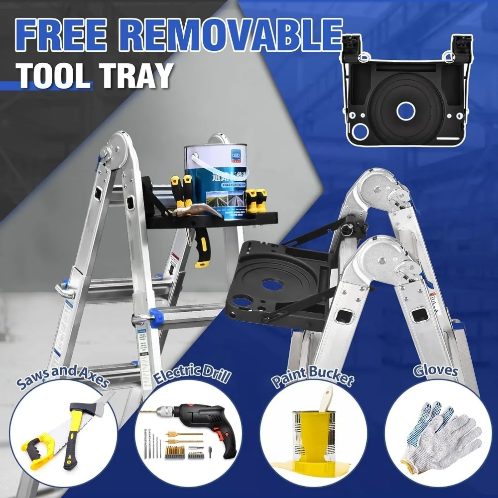 Escalera de extensión de 3 escalones, 11 pies regulable, con bandeja desmontable y estabilizador