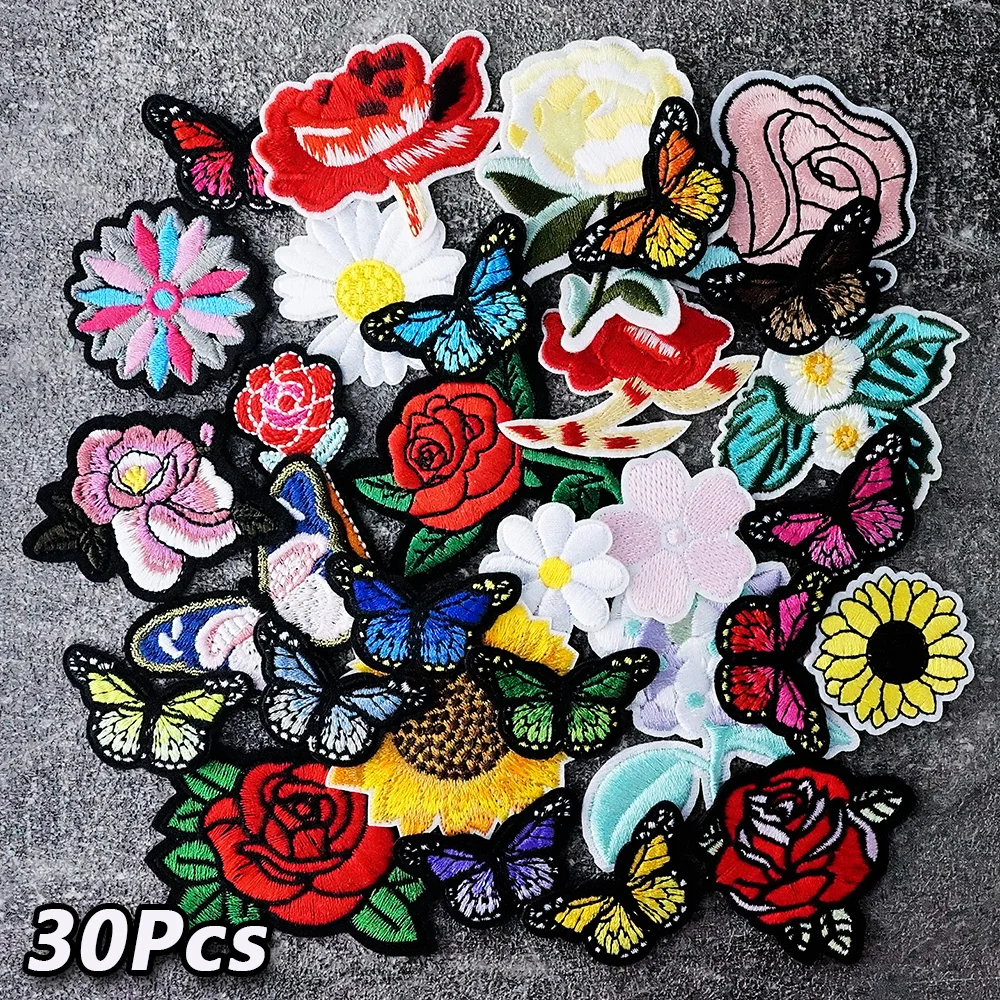장미 꽃 작은 나비 패치, 자수 아플리케 다림질 의류, 바느질 용품 장식 패치, 30 개/로트