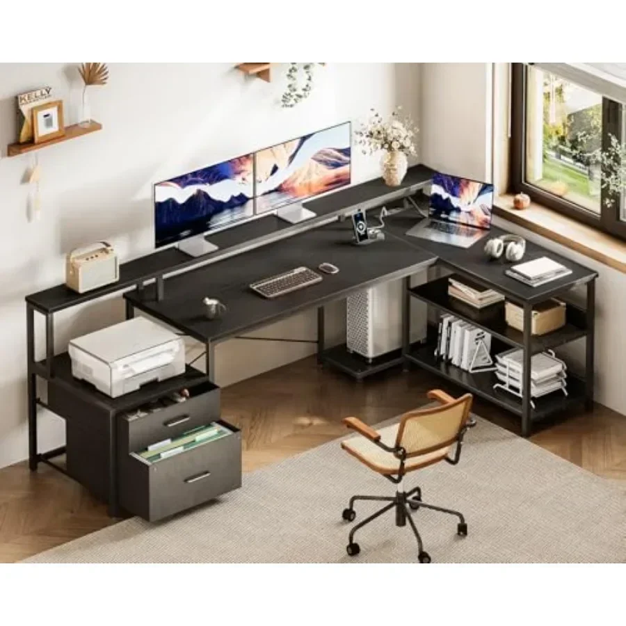 75 L Shaped Desk for Home Office Use, Engineered Wood in White, with File Drawers, Built-in Power Outlet, Reversible Design, St