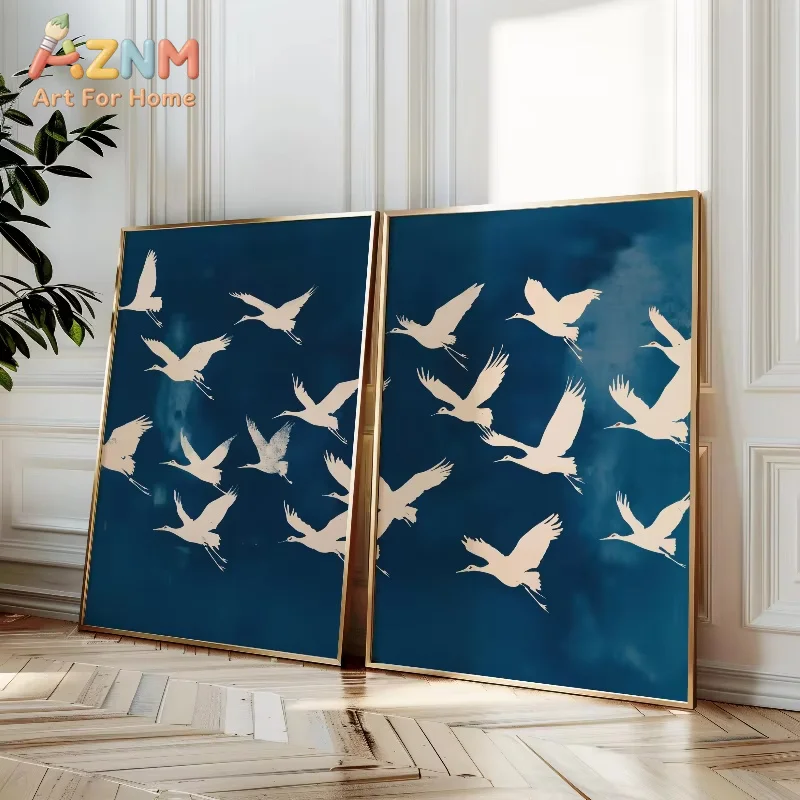Flying Cranes Wall Art, Japandi Style Print, Deep Blue Bird Decor, Elegant Gallery Wall Art, Retro Japanese Style Artwork