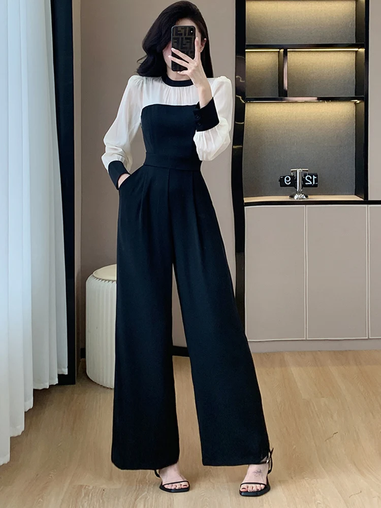 2024 Spring Fashion Elegant Chiffon Splicing Jumpsuits For Women Sweet Back Bow Wide Leg Trousers Casual High Waist Office Lady