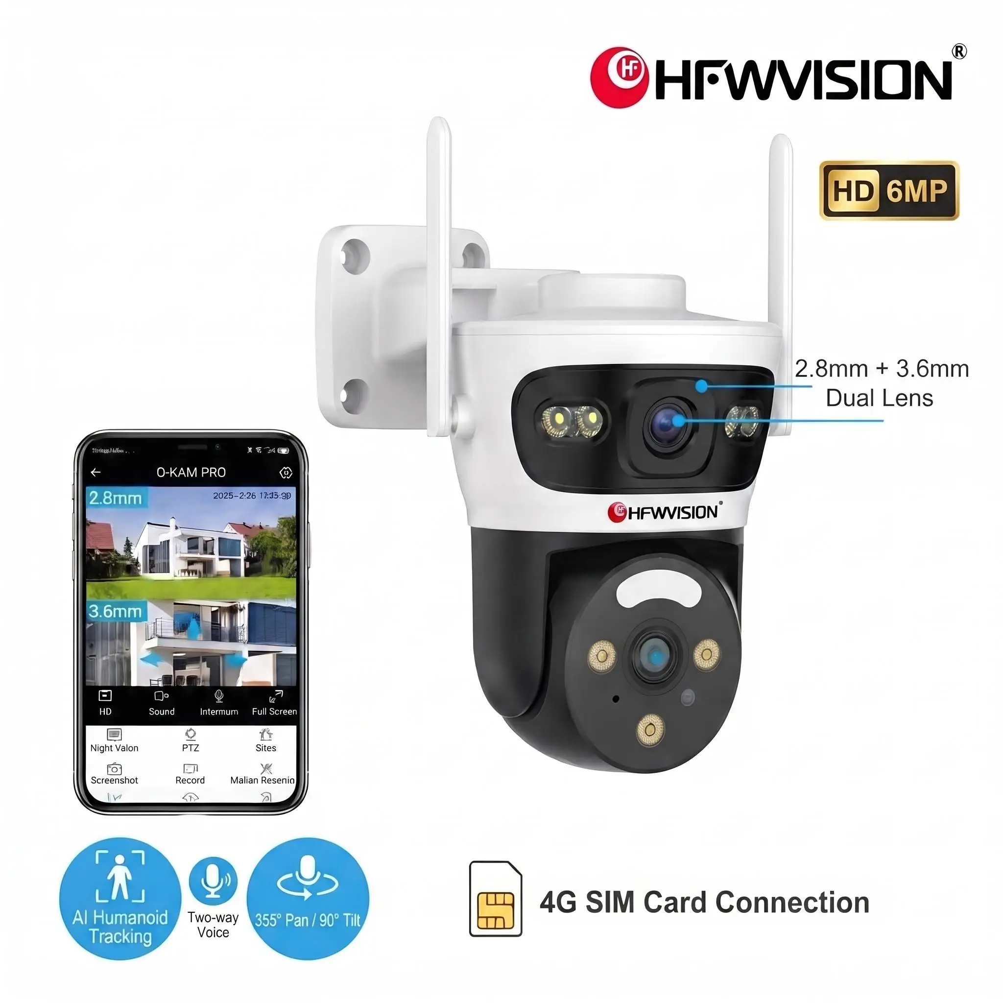 HFWVISION 6MP PTZ Security Camera WiFi Dual Lens 4G SIM Storage Card Way Audio AI Humanoid Tracking Outdoor Home Surveillance