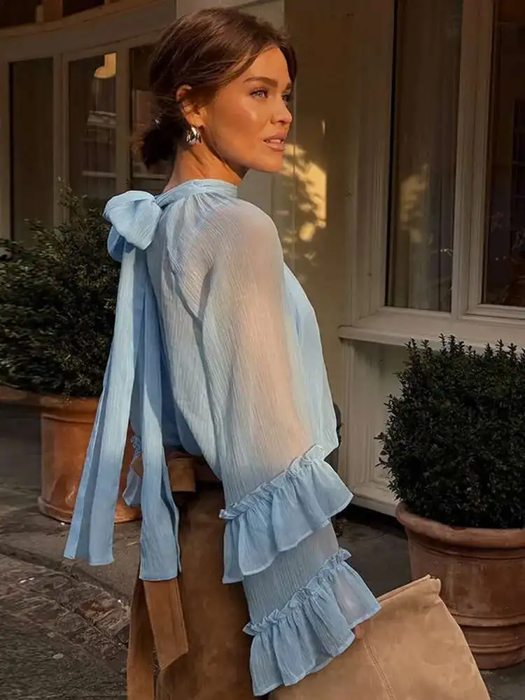 Elegant Lace Up Flare Sleeve ดูผ่านเสื้อแฟชั่นคอ Curg Edge เสื้อใหม่หญิงเดินทาง Highstreet Tops