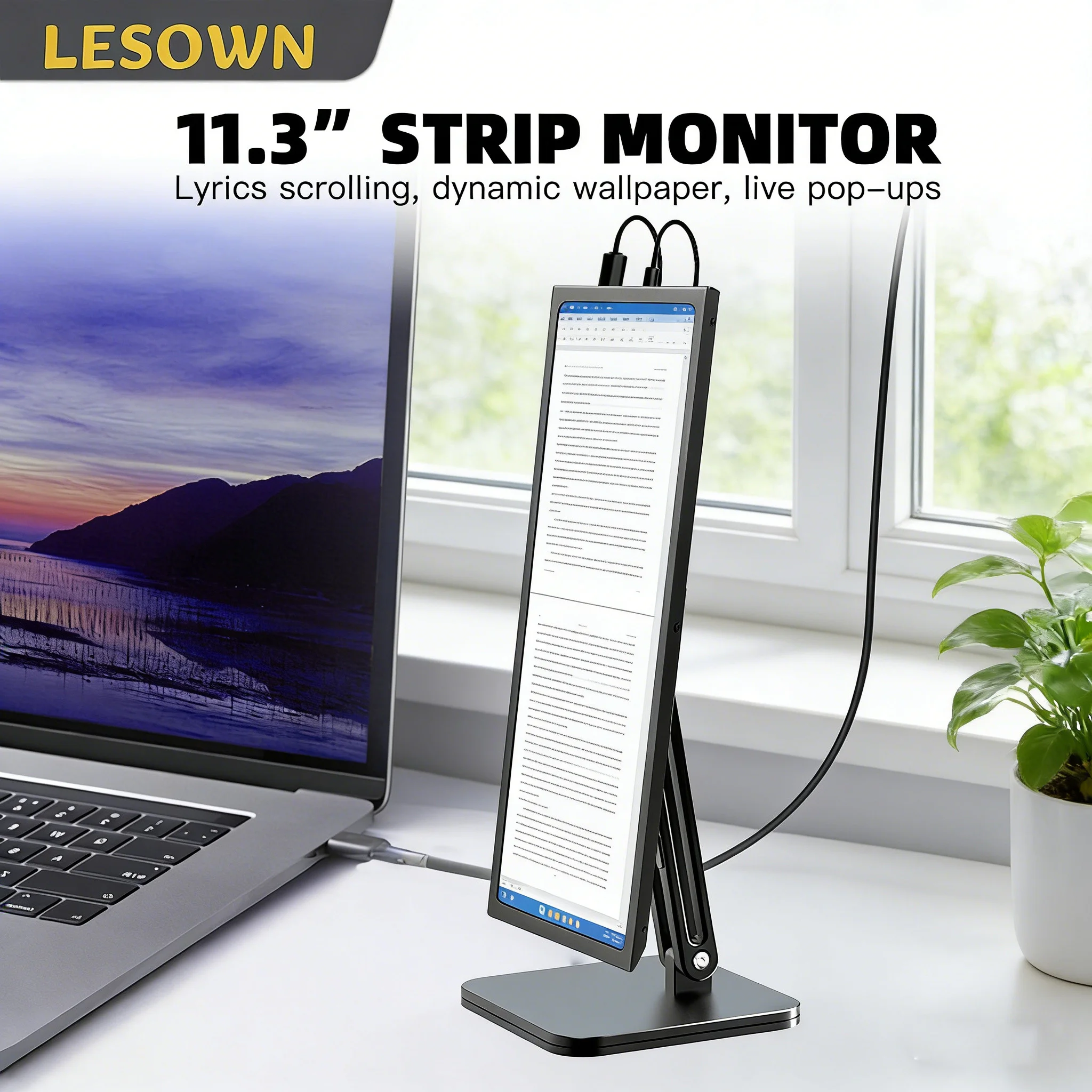 

LESOWN 11.3 Inch Stretched Bar Display Portable Monitor 440x1920 External Secondary Screen for Laptop PC Word Sidebar Monitor