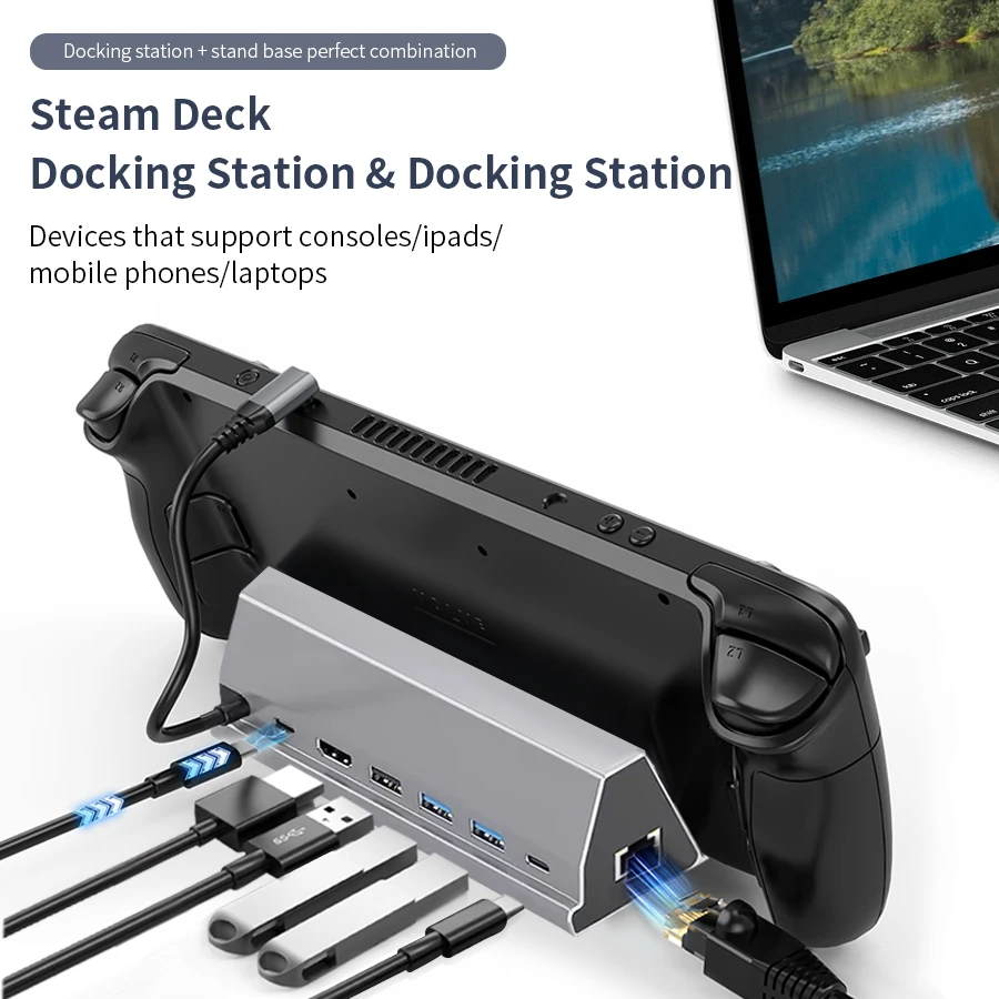 Steam Deck Dock 7 em 1 Steam Deck Stand Acessórios USB 3.0 HDMI 4K @ 60Hz Gigabit Ethernet 1000Mbps USB-C PD 100W Steam Deck Hub