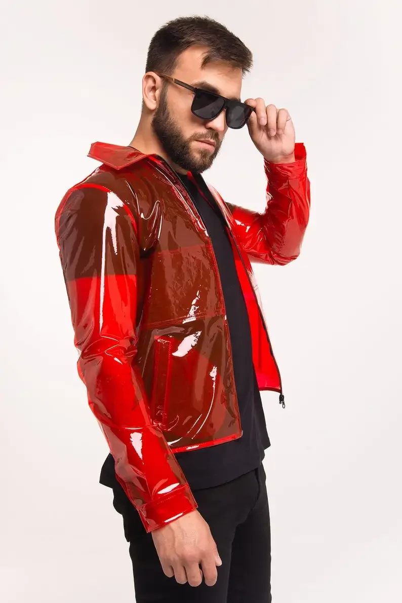 Men\'s Glossy Clear PVC Stand Collar See-through Jackets Male Long Sleeve Transparency Coats With Pocket rspective Jacket Custom