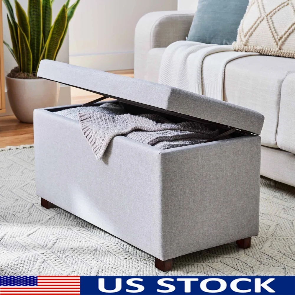 

30 Inch Hinged Storage Ottoman Gray Faux Linen Modern Bench Indoor Furniture Soft Close Lid Extra Seating Organization