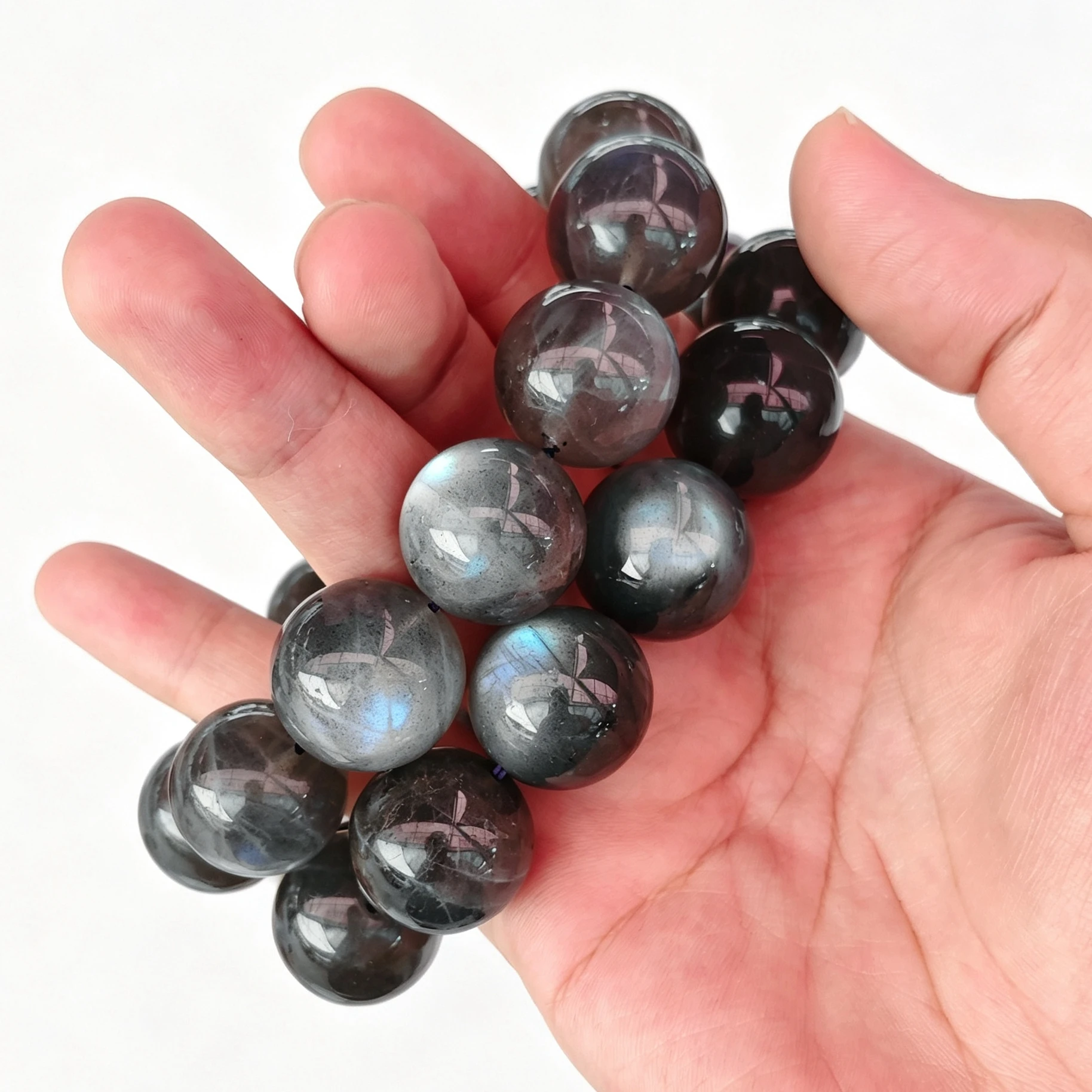 20mm Grey Moonstone Gemstone Bracelet Large Round Blue Flash Labradorite Beaded Strand Stretch Crystal Wristband Jewelry Gift