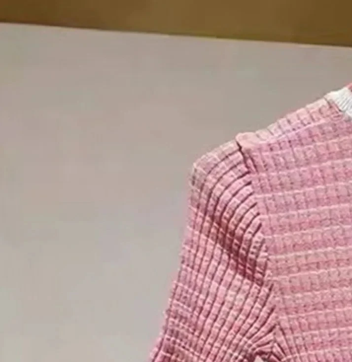 Slim Thin Knit Tops for Women O Neck Summer Pink Plaid Embroidery Tshirt