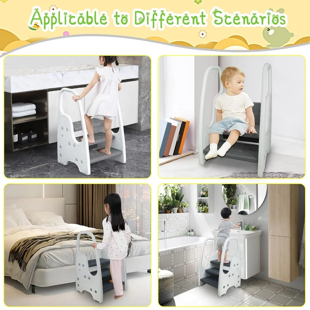 مقعد طفل صغير قابل للتعديل بثلاث خطوات مع مقابض ومنصات مضادة للانزلاق لحوض الحمام، ومساعد المطبخ، والتدريب على استخدام المرحاض #6