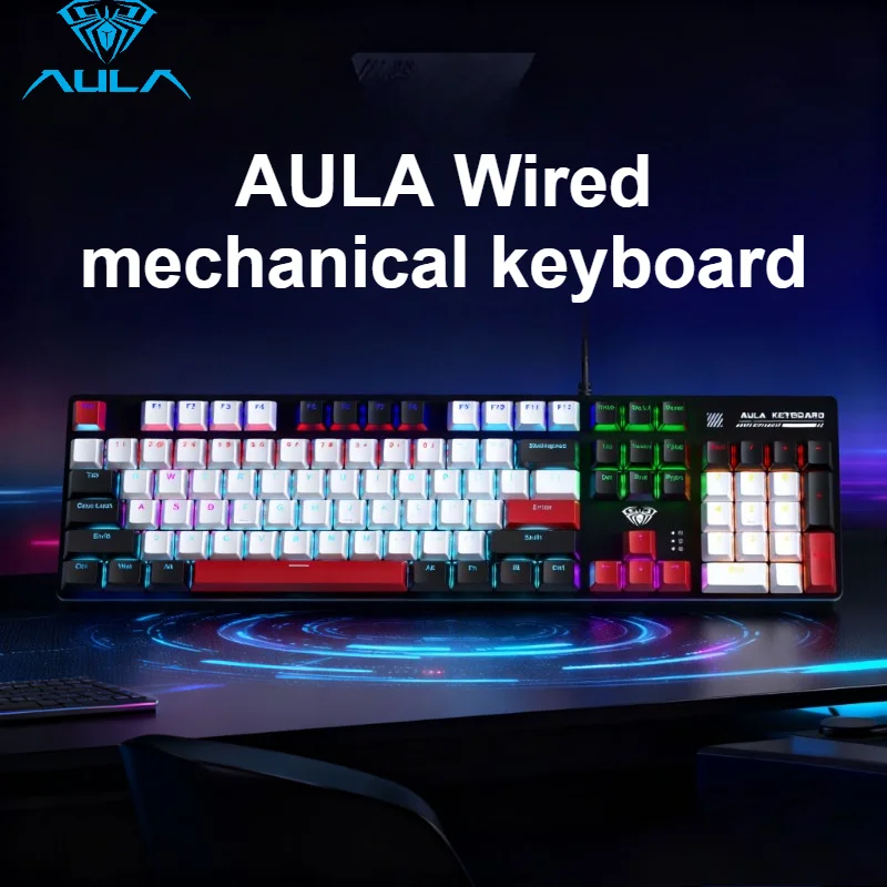 

AULA Wired Mechanical Keyboard 104 Full Size RGB Backlit Anti-ghosting Retro Tri-color Gaming Office for PC Computer Gamer