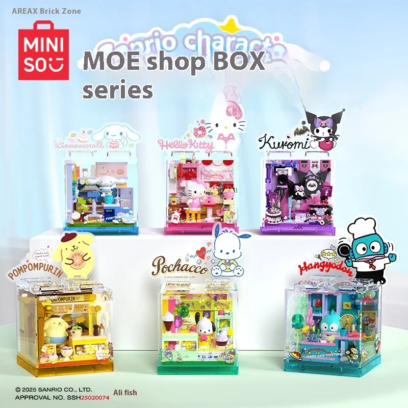 MINISO Sanrio Hello Kitty bouwstenen - DIY Kawaii Mini Shop Box Set, verzamelcadeau voor meisjes met LED-decor
